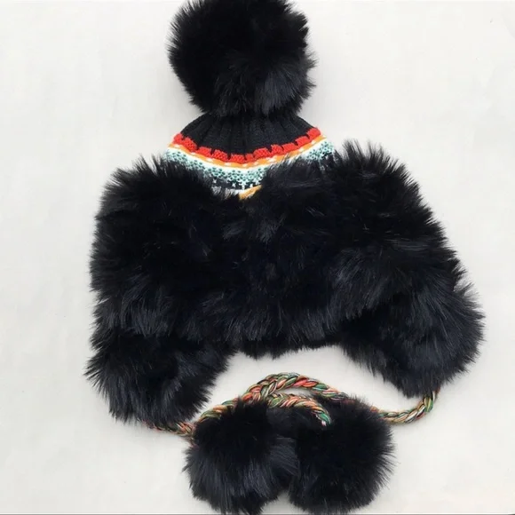 SOLD!!! Free People x Urban Outfitters Vegan Black Fur Pom Pom Winter Trapper Ha - Picture 10 of 13